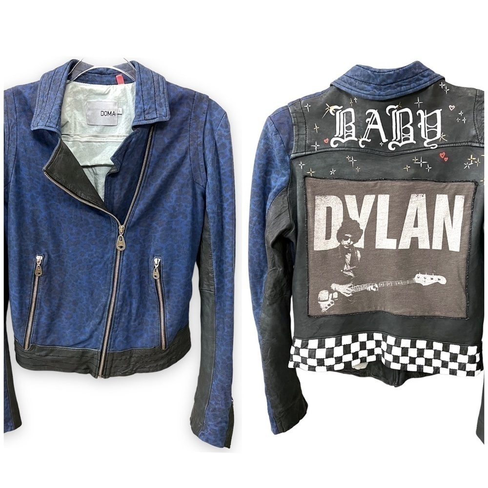 Doma Leather OOAK upcycled moto Jacket, blu with animal print and back graphic S